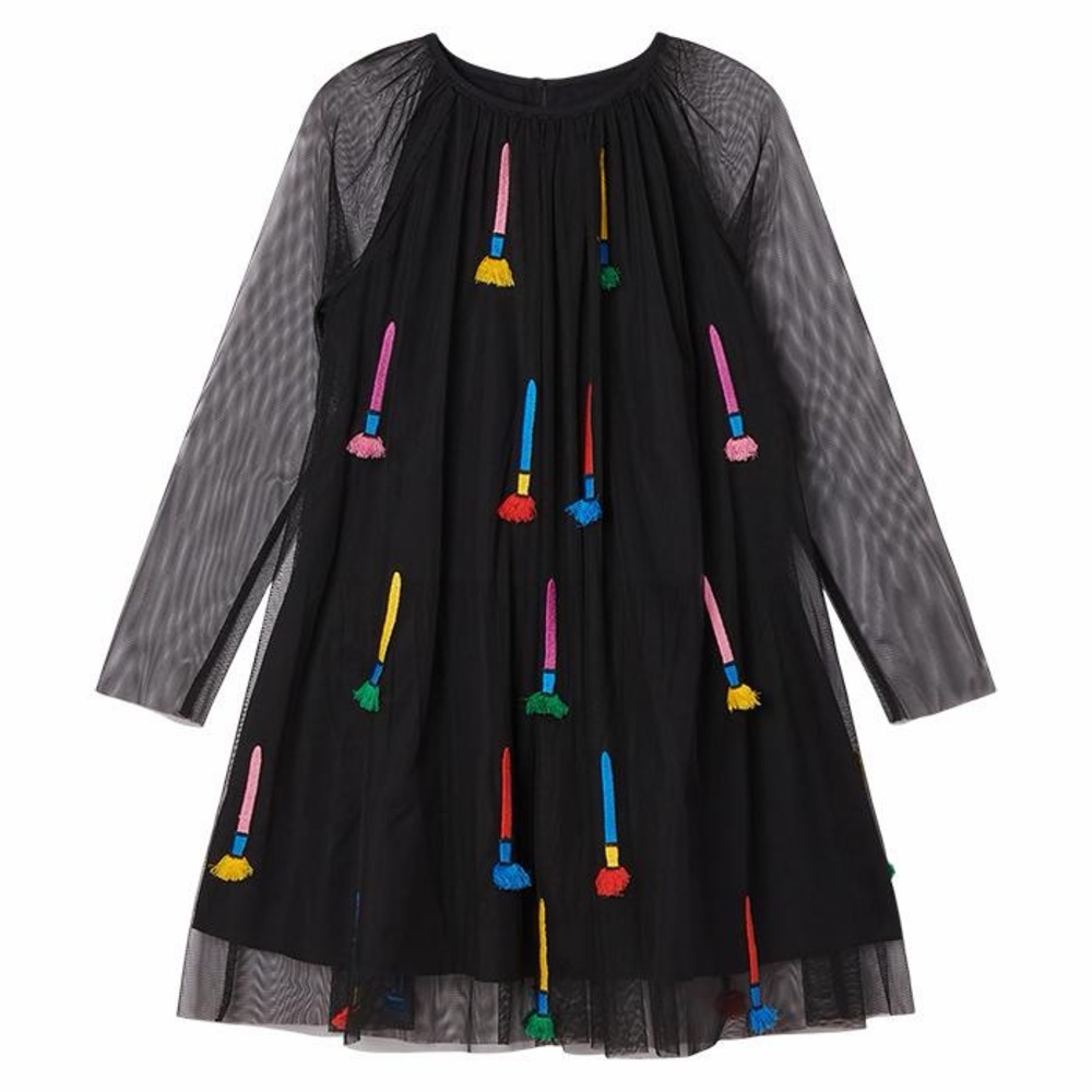 Stella McCartney Black Long-Sleeve Kids Dress with Colorful Broom Appliqués